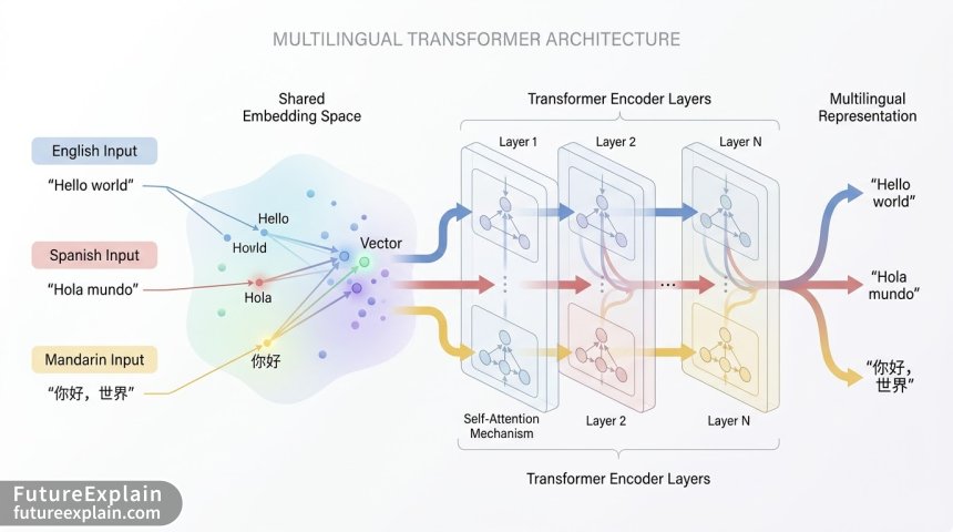 Architecture diagram of multilingual transformer model showing how different languages are processed through shared neural networks