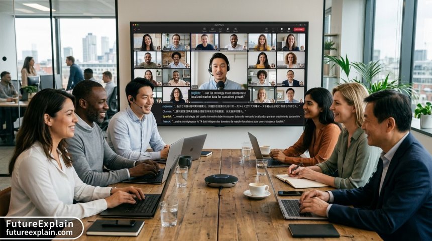 Global team collaborating using real-time AI translation tools in a virtual meeting setting