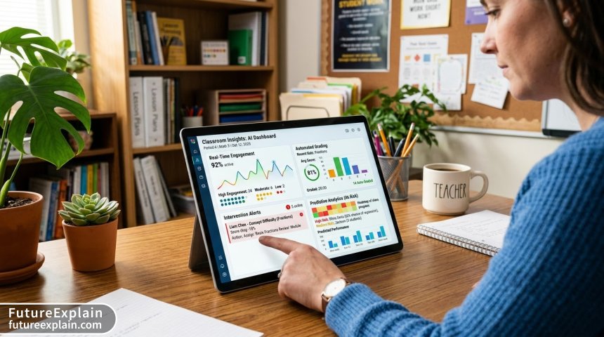 Teacher's AI analytics dashboard showing student performance metrics, automated grading, and personalized intervention recommendations