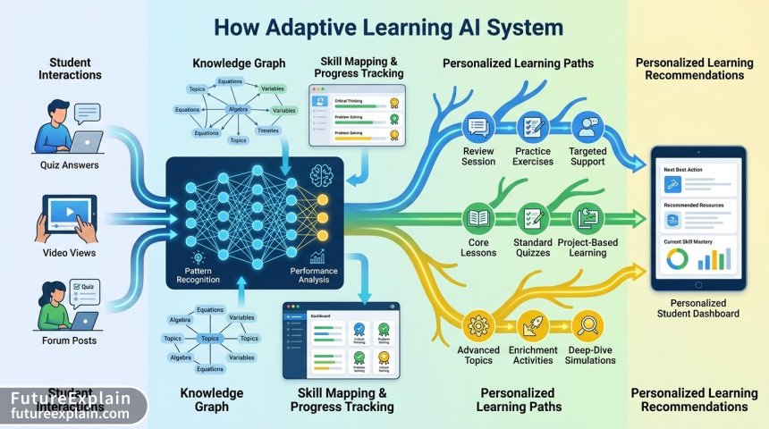 Diagram visualizing how adaptive learning AI systems process student data to create personalized educational pathways