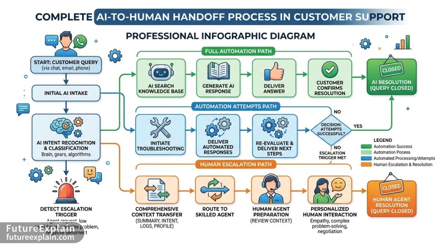 Flowchart diagram of AI-to-human handoff process in customer support