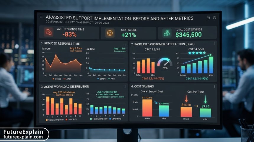 Dashboard visualization of AI support implementation metrics and ROI