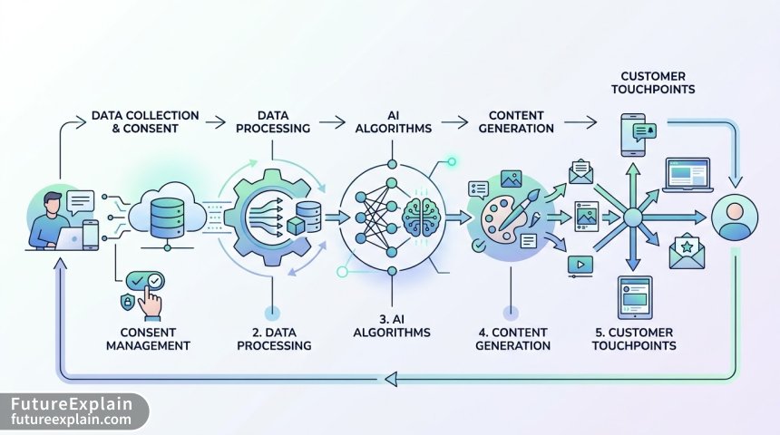 AI marketing personalization workflow diagram showing data processing and content delivery stages