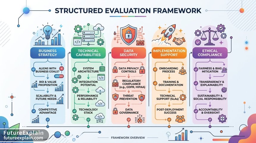 Infographic showing the five-pillar AI vendor evaluation framework with key questions and assessment criteria