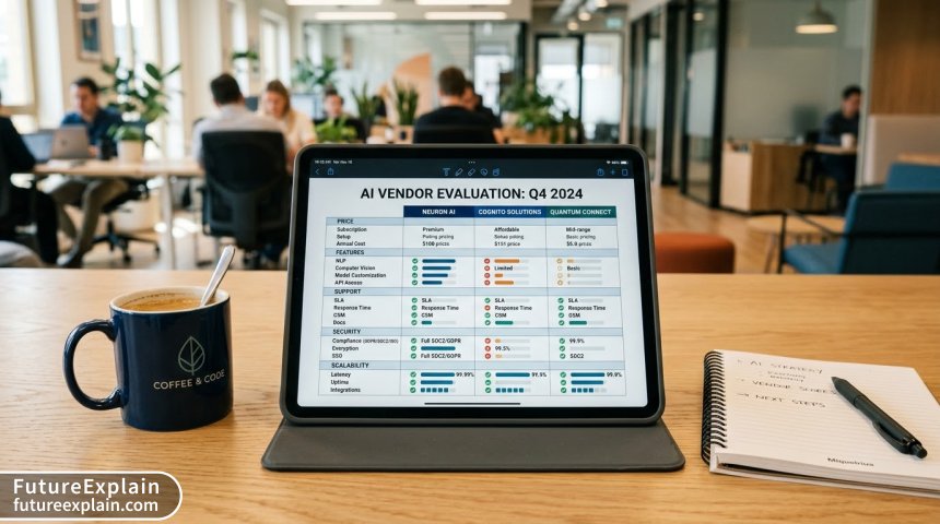 Visual comparison table of AI vendors showing metrics across price, features, support, security and scalability
