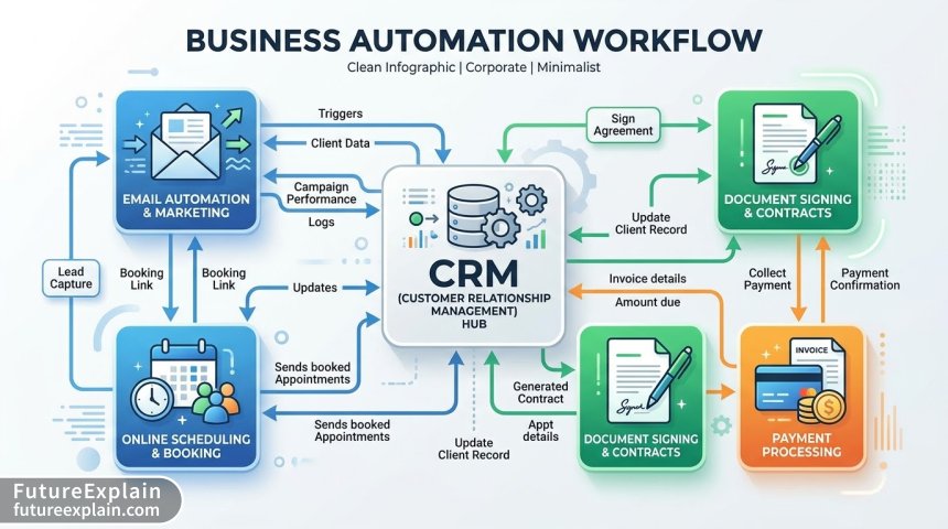 Infographic diagram of interconnected automation tools for customer onboarding workflow