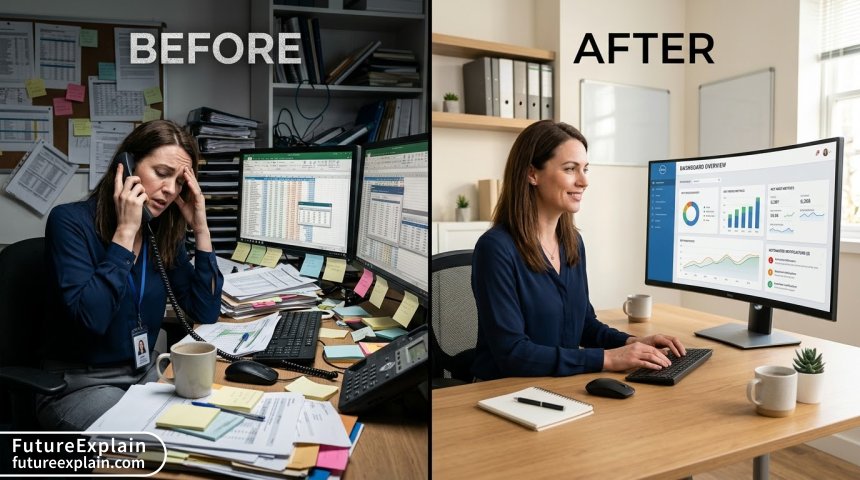 Visual comparison of manual versus automated customer onboarding processes in small business setting