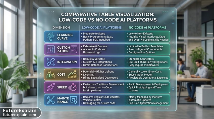 Comparison table showing key differences between low-code and no-code AI platforms
