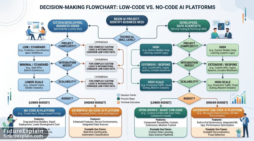 Flowchart decision guide for choosing between low-code and no-code AI platforms