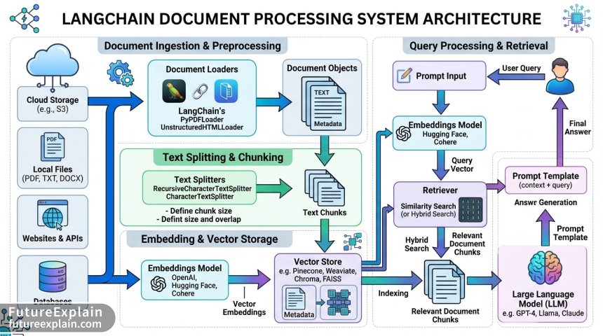 Architecture diagram of a LangChain document processing system showing data flow from ingestion to query processing