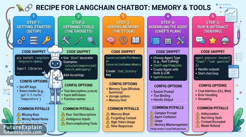 Step-by-step recipe card for implementing a LangChain chatbot with memory and external tools