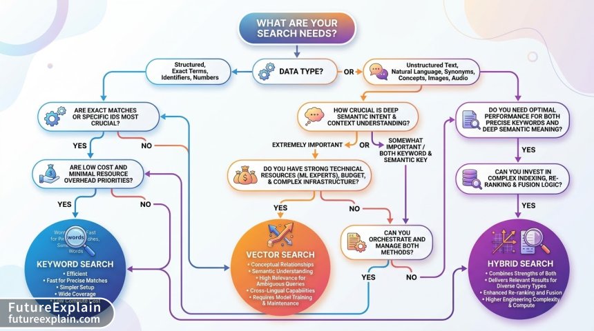 Decision flowchart for choosing between keyword search, vector search, and hybrid search based on data type, user intent, and resources