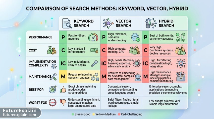 Comparison table showing performance, cost, complexity, and suitability of keyword search, vector search, and hybrid search approaches