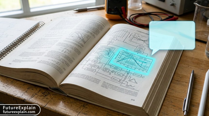 An illustration showing AI interpreting a complex chart from a document and generating a plain-language summary.