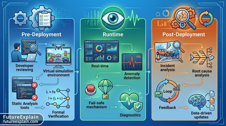 Three-phase autonomous agent safety testing lifecycle infographic