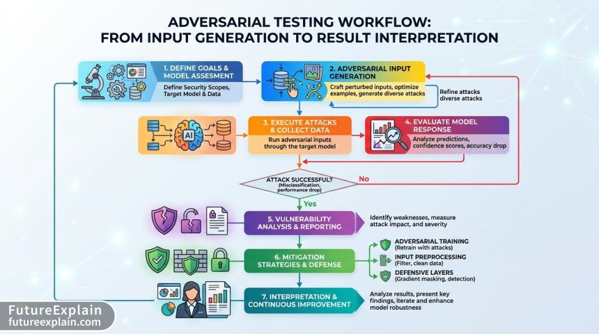 Flowchart of the adversarial testing process from input to mitigation