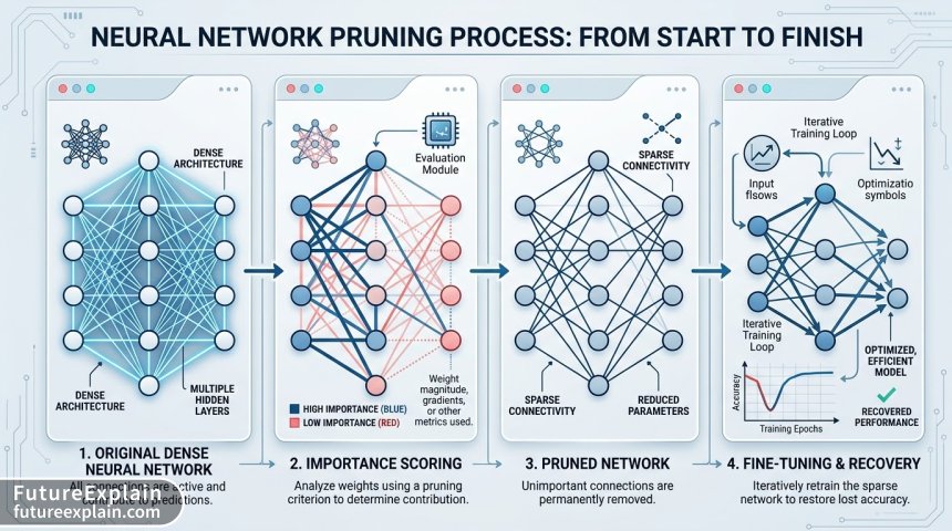 Step-by-step visualization of neural network pruning process showing weight importance and connection removal