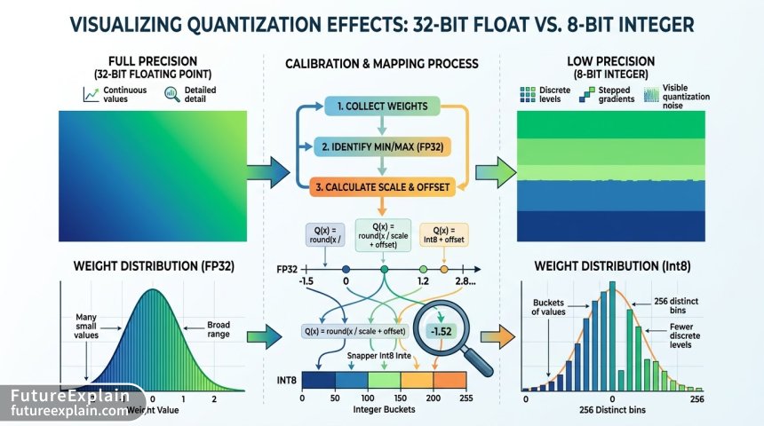 Comparative visualization of quantization showing 32-bit vs 8-bit numerical precision and calibration process