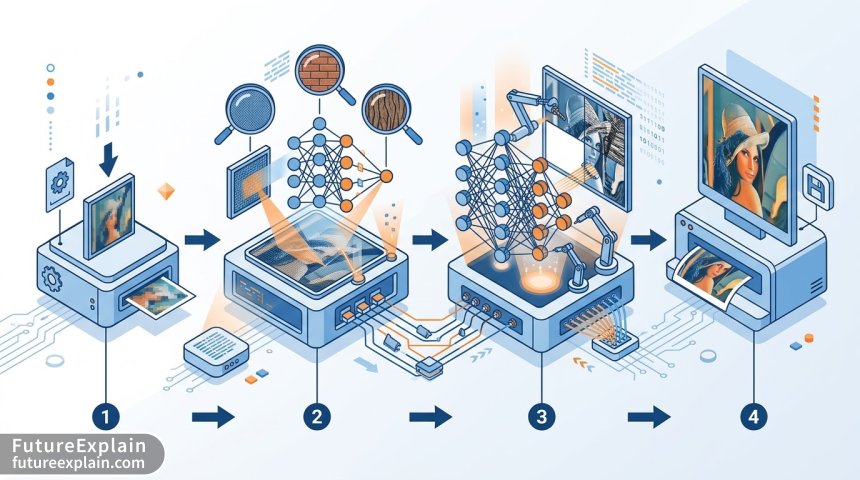 Infographic illustrating the step-by-step AI image upscaling process