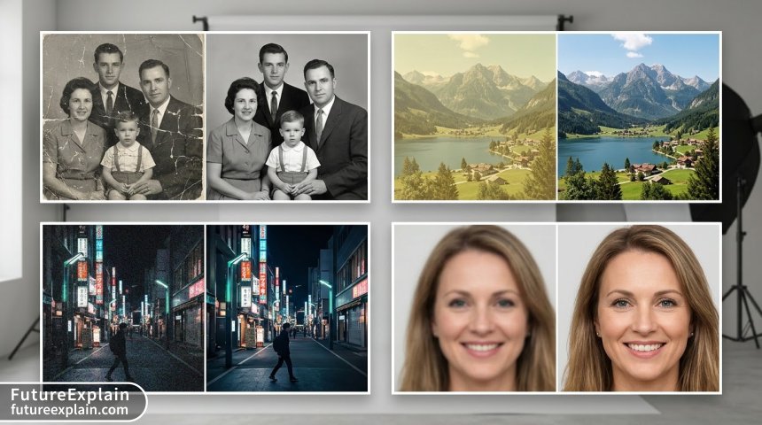 Visual comparison showing different types of AI image restoration techniques