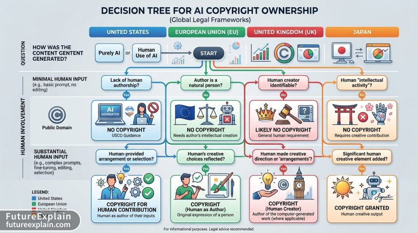 Decision tree flowchart for determining AI-generated content copyright ownership across international jurisdictions