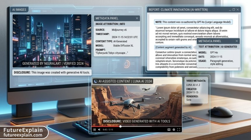 Visual comparison of different AI attribution methods including watermarks, metadata, and disclosure statements
