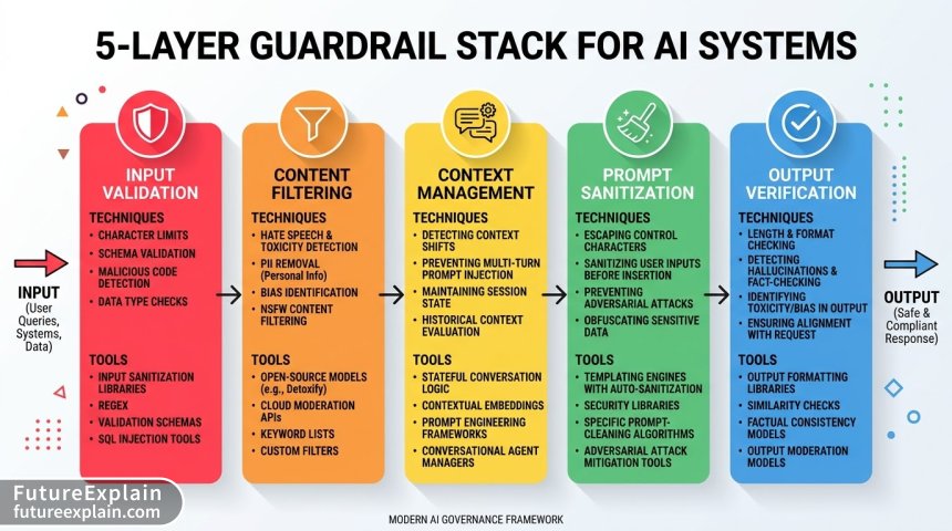 Five-layer guardrail stack diagram showing input validation, content filtering, context management, prompt sanitization, and output verification