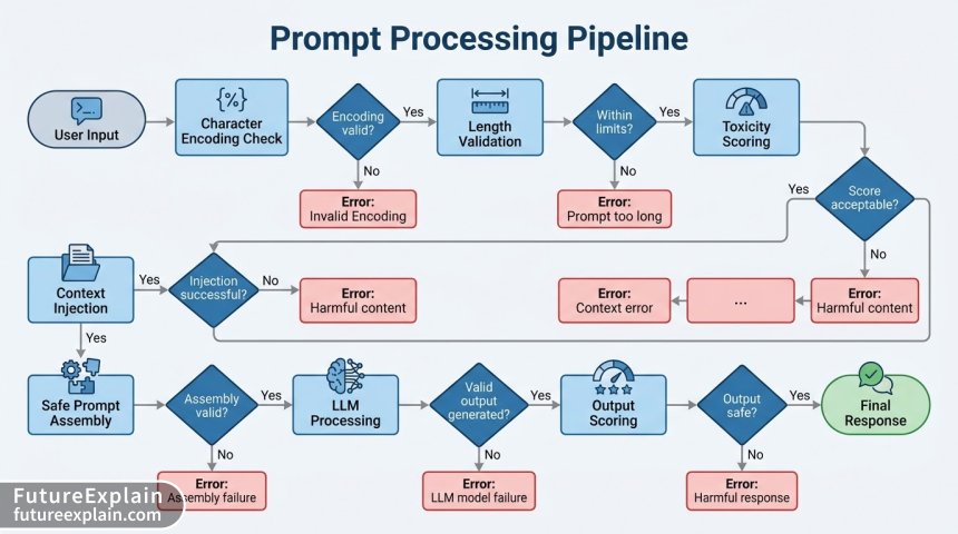 Flowchart of prompt processing pipeline with validation checks at each stage