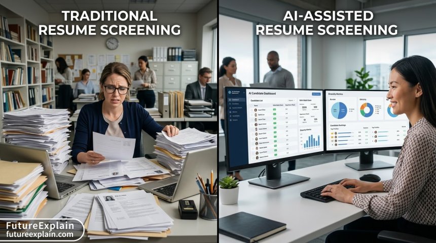 Comparison between traditional manual resume screening and organized AI-assisted candidate review