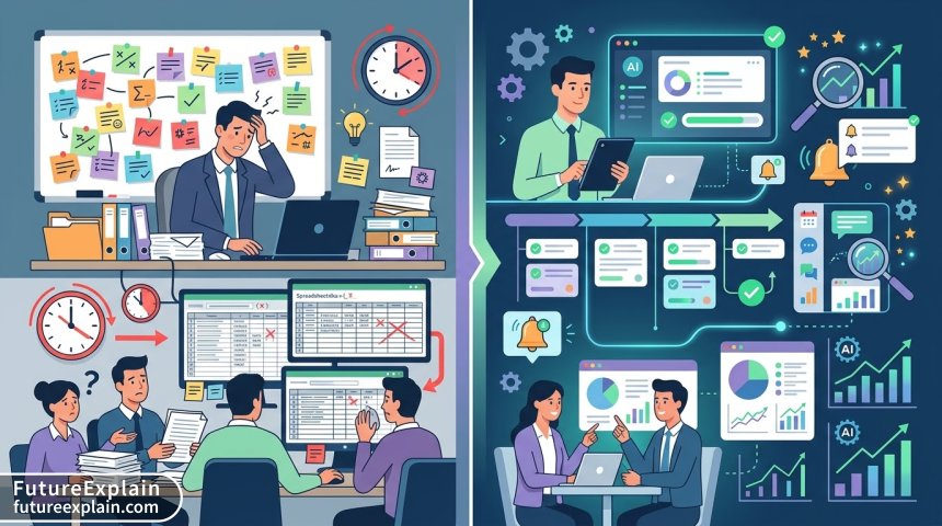 Infographic comparing manual vs AI-automated project management workflows