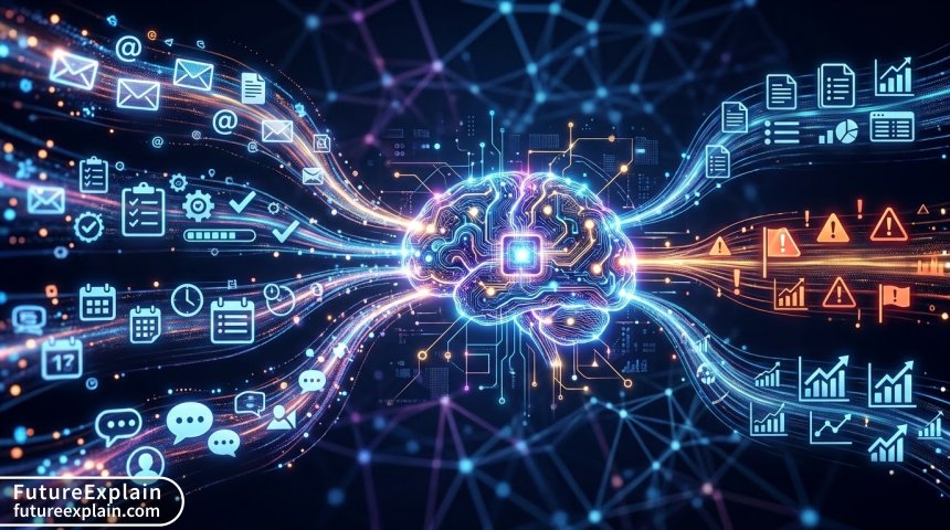 Visualization of AI processing multiple project data sources into actionable insights