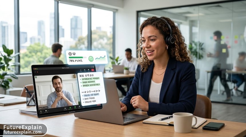 Sales conversation with real-time AI analysis showing sentiment and key talking points