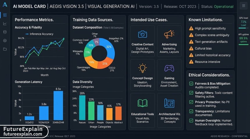 A detailed dashboard view of an AI Model Card, showing metrics, data sources, intended uses, and limitations for transparent reporting.