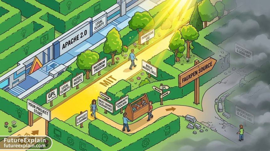 An infographic comparing open-source licenses as different paths through a maze, illustrating their varying levels of freedom and obligation.