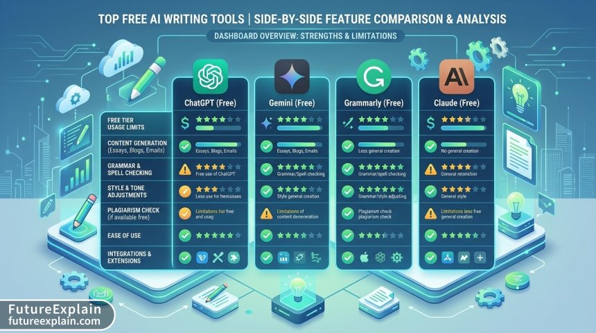 Comparison dashboard showing features of free AI writing tools with visual indicators