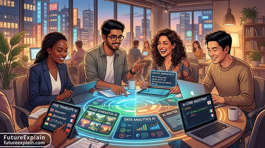 Global team collaborating with multiple free AI tools across different devices and languages