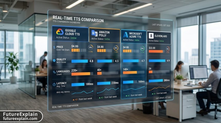 Comparison dashboard showing metrics for different text-to-speech APIs in 2025
