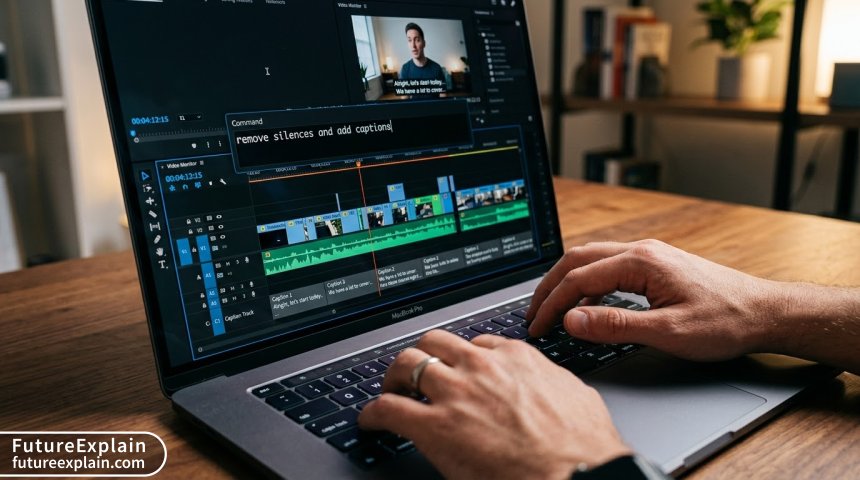A user editing a video by typing a simple text command into an AI tool's interface.