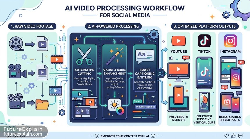 An infographic showing how raw video is processed by AI for cutting, enhancing, and captioning before being published.