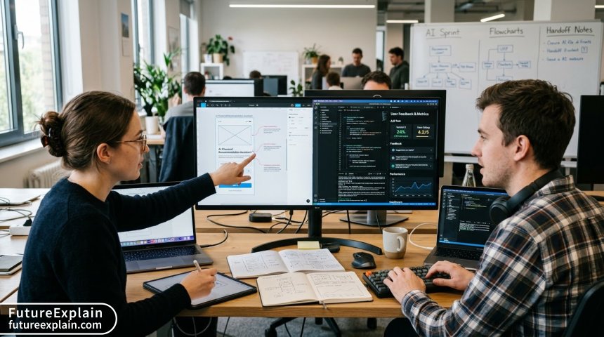 Designer and developer collaborating on AI UX feature implementation