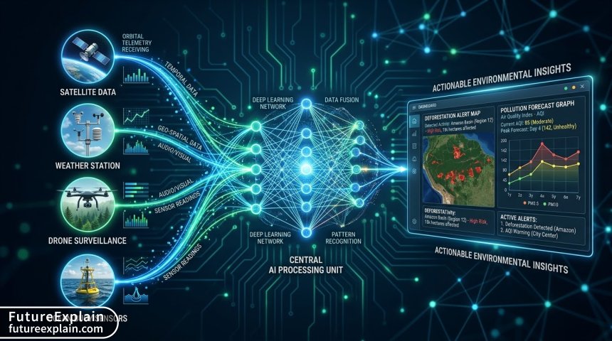 Diagram illustrating how diverse environmental data sources feed into an AI system to generate actionable insights.