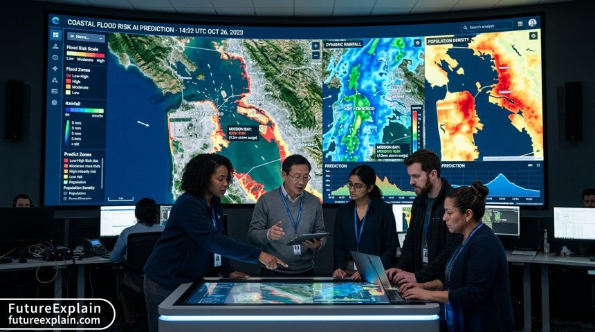 Team in a monitoring center using an AI-powered dashboard to track and predict flooding in a coastal area.