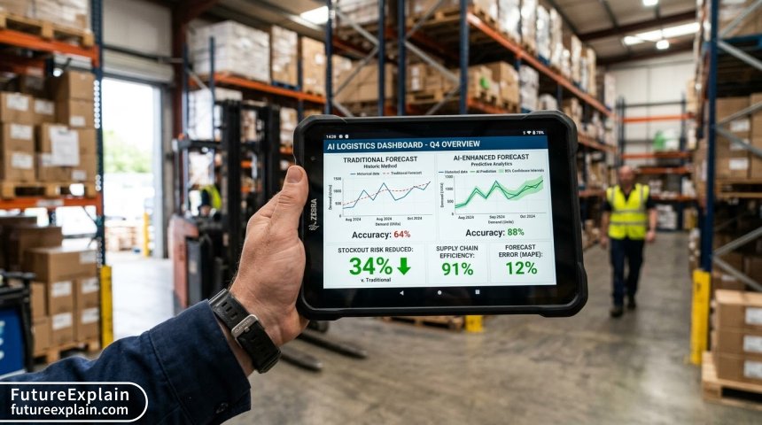 Infographic illustrating how diverse data sources feed into an AI system for supply chain management.