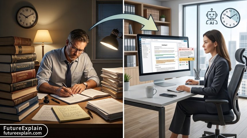 A comparison diagram visualizing the time efficiency of AI-assisted contract drafting versus traditional manual methods.