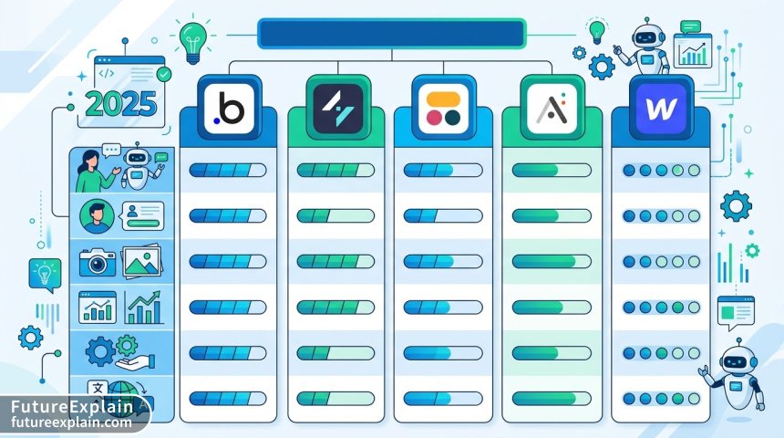 Comparison infographic of no-code AI platforms showing Bubble, Glide, Softr, Adalo and Webflow
