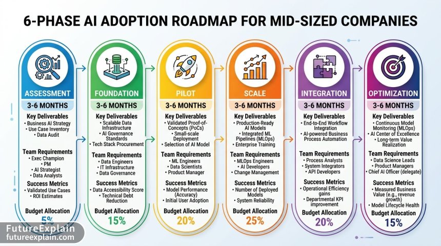 Six-phase AI adoption roadmap infographic for mid-sized companies with timeline and budget allocation