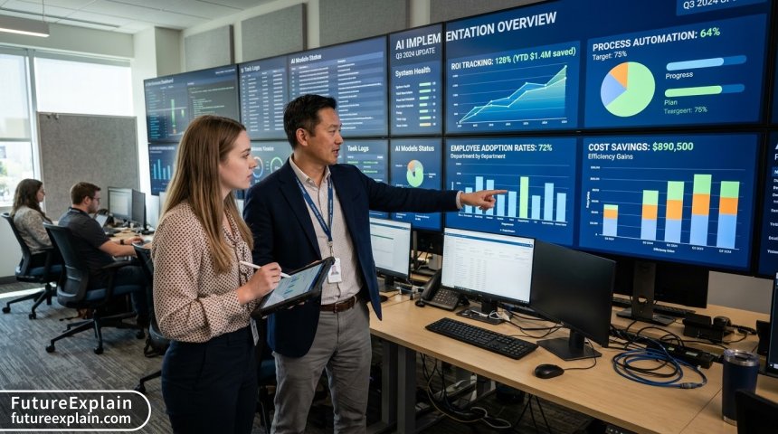 Mid-sized company dashboard showing AI implementation metrics and ROI tracking with team discussion
