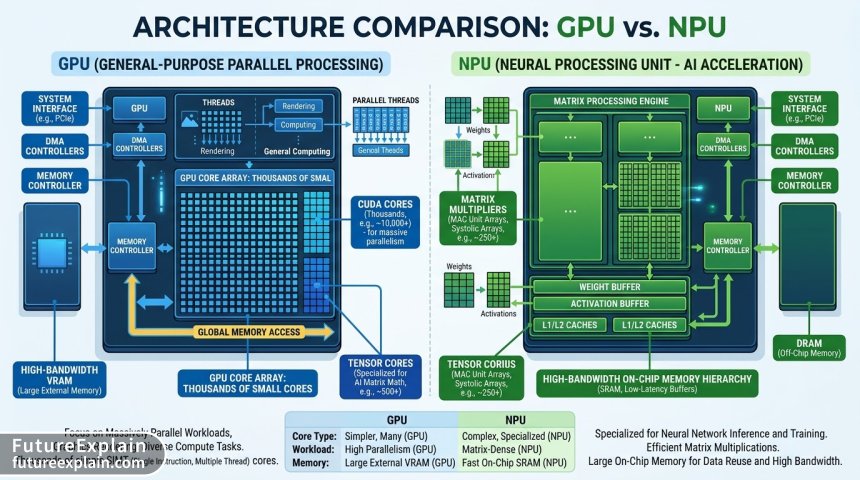 Architecture diagram comparing GPU and NPU internal components and data flow