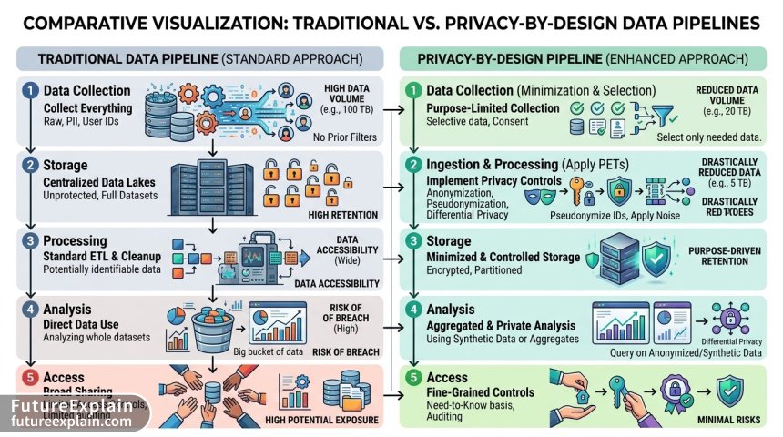 Comparison of traditional vs privacy-by-design data pipeline architectures