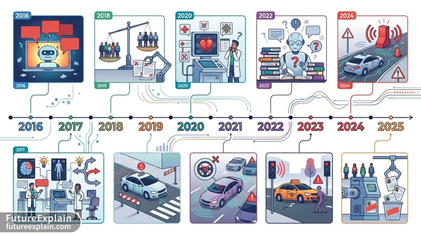 Timeline infographic of major AI failures from 2016 to 2025